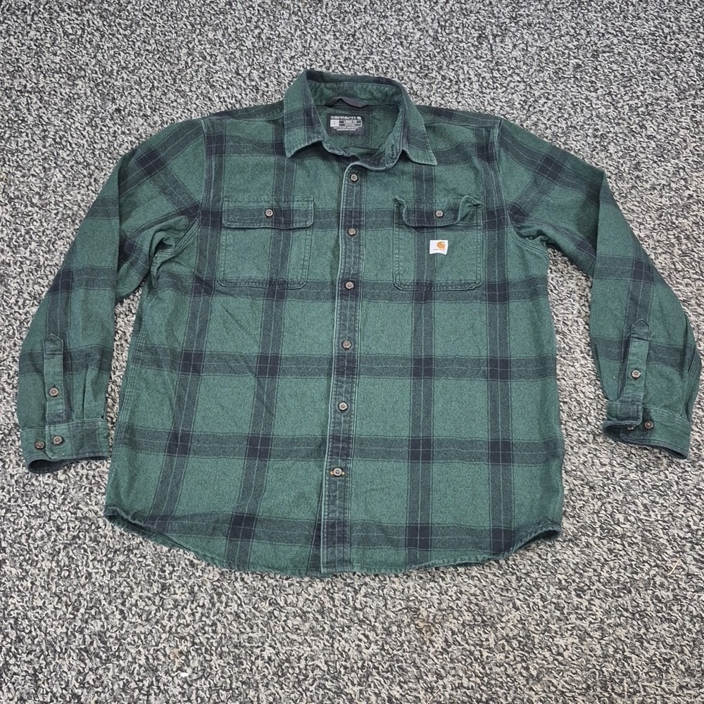 Carhartt Men's Large Loose Fit Flannel Shirt Green Plaid Workwear Heavy Cotton - Picture 2 of 8
